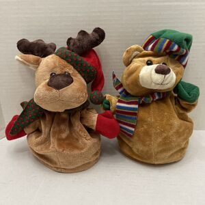 2 Caltoy Christmas Hand Puppets Teddy Bear Reindeer Plush 10 Inch Hat And Scarce